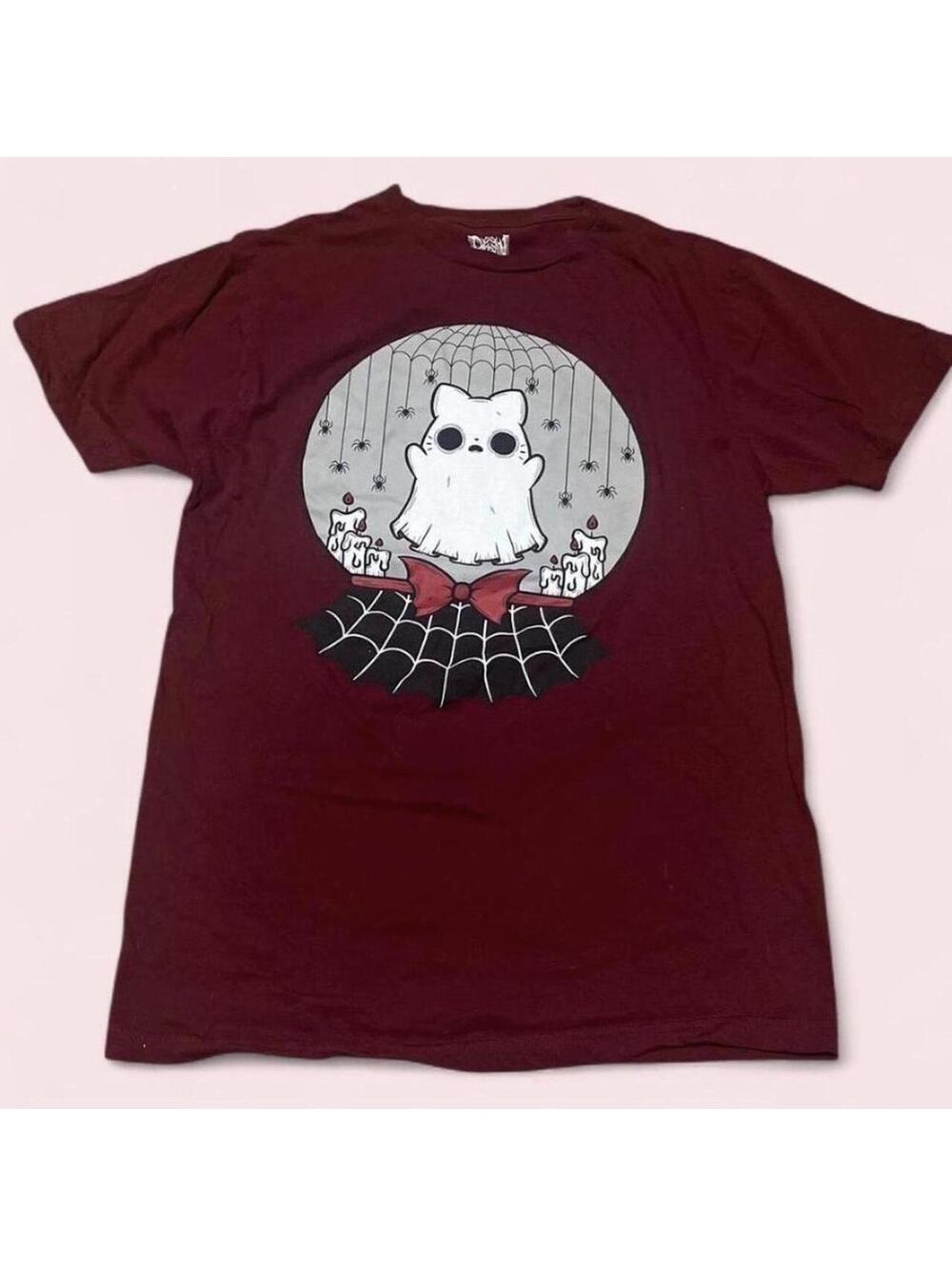 Medium skater Burgundy and white cute ghost cat tshirt